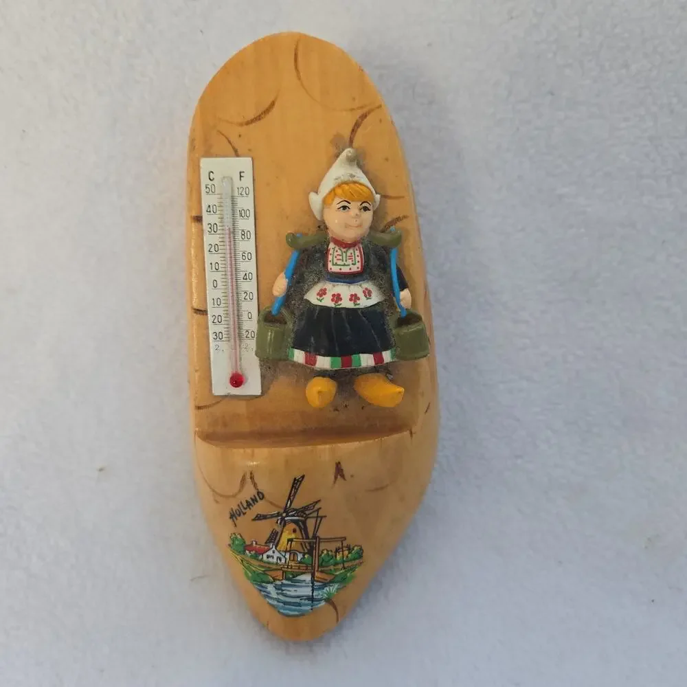 Vintage Wall Wood Thermometer Delft Shoe Figurine Clog Dutch Holland Female
